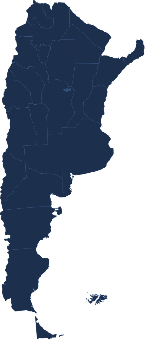 Mapa de la red de representantes Civiair en Argentina, con las Islas Malvinas